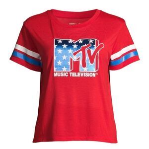 🔺️NWT MTV Red & Metallic Blue Lightweight Cropped Short Sleeve Top Large